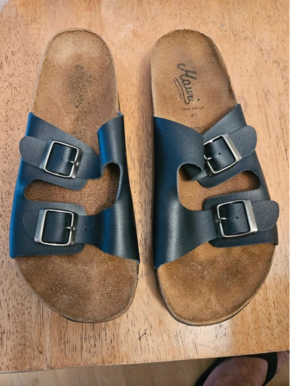 Mauri Made Italy Vera Pelle Blue Leather Buckle Slide Sandals EU 41 Cork Footbed